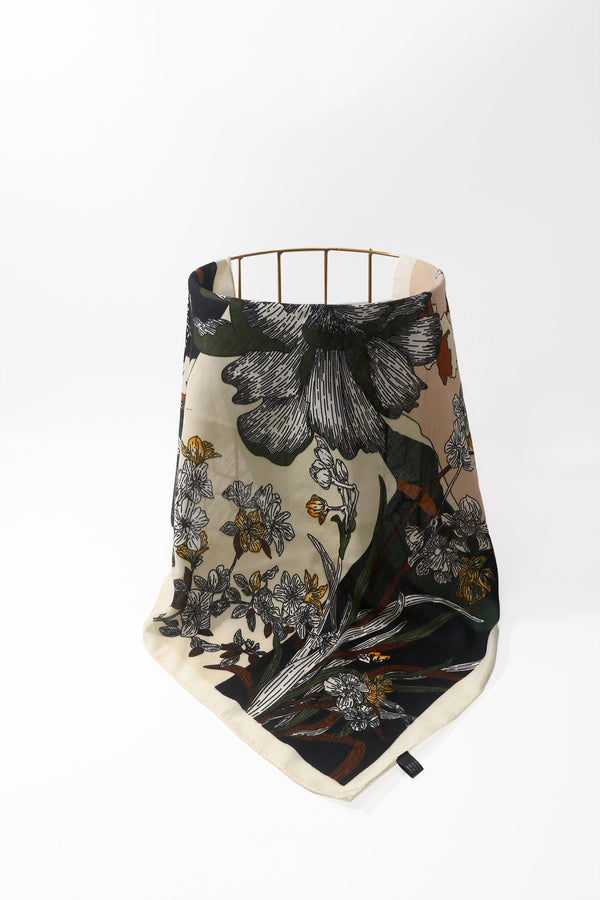 Carraig Donn Mustard & Khaki Floral Print Viscose Neckerchief Scarf