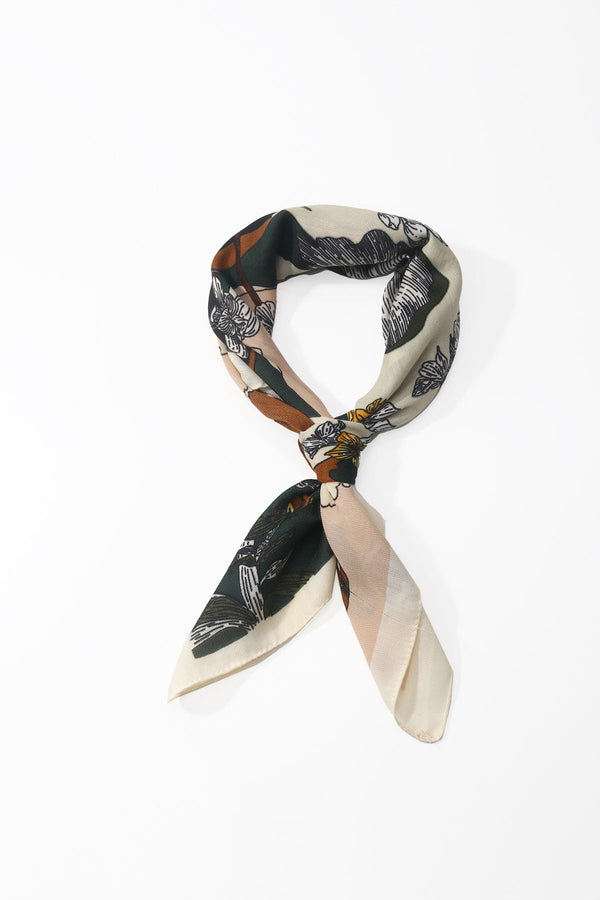 Carraig Donn Mustard & Khaki Floral Print Viscose Neckerchief Scarf