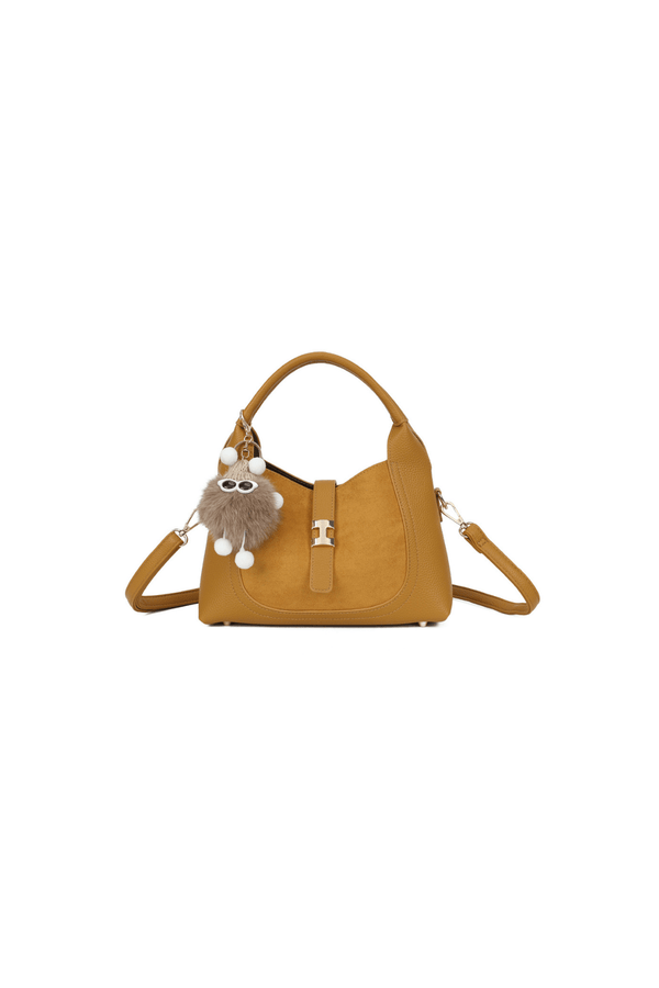 Carraig Donn Mustard Yellow Faux Leather & Suede Fluffy Charm Top Handle Bag