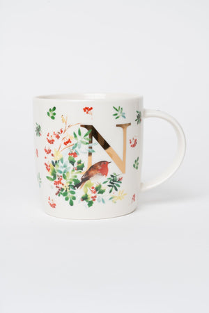 Carraig Donn N Christmas Robin Leaf New Bone China Alphabet Mug