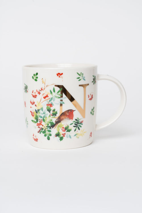 N Christmas Robin Leaf New Bone China Alphabet Mug