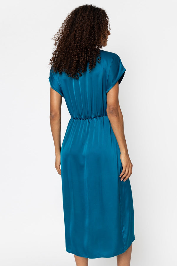Carraig Donn Naomi Teal Satin A-Line Short Sleeve Midi Dress