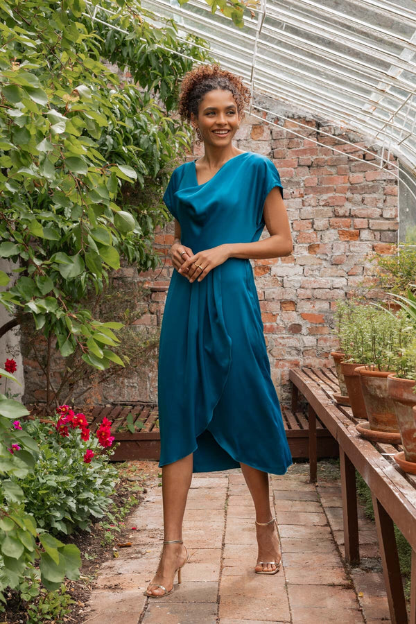 Carraig Donn Naomi Teal Satin A-Line Short Sleeve Midi Dress