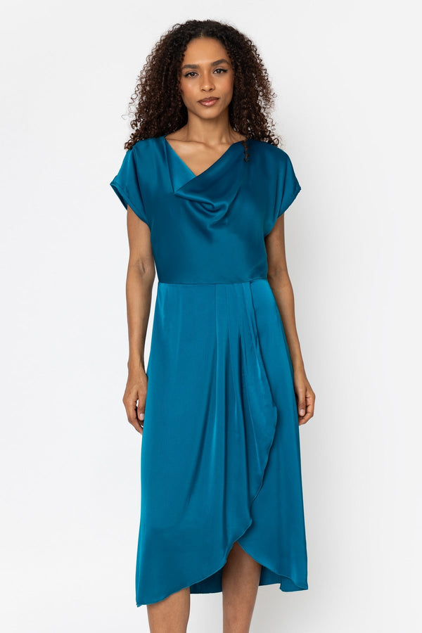 Carraig Donn Naomi Teal Satin A-Line Short Sleeve Midi Dress