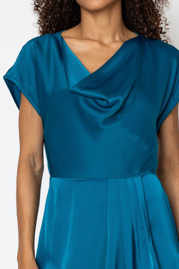 Carraig Donn Naomi Teal Satin A-Line Short Sleeve Midi Dress