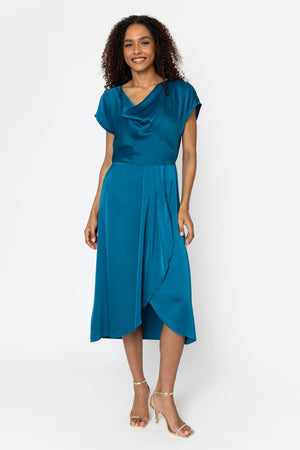 Carraig Donn Naomi Teal Satin A-Line Short Sleeve Midi Dress
