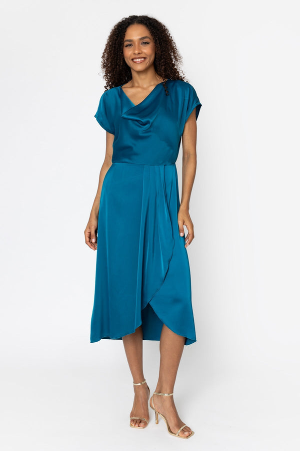 Carraig Donn Naomi Teal Satin A-Line Short Sleeve Midi Dress