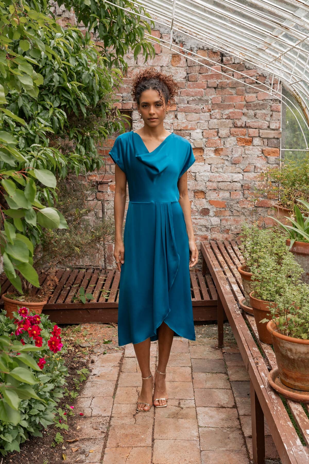 Naomi Teal Satin A-Line Short Sleeve Midi Dress