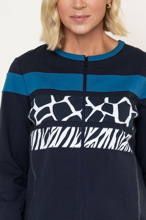 Carraig Donn Navy Animal Print Cotton Zip Up Jacket