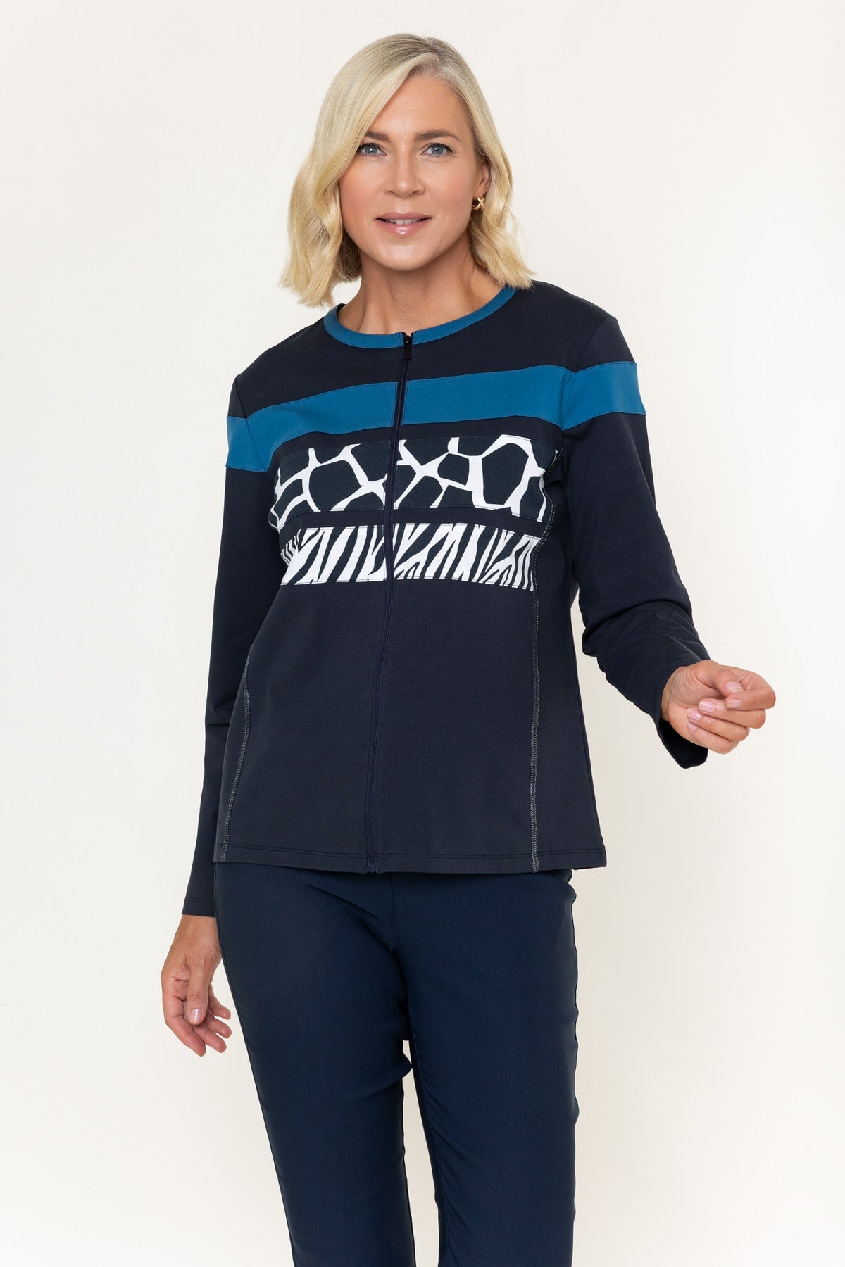 Navy Animal Print Cotton Zip Up Jacket