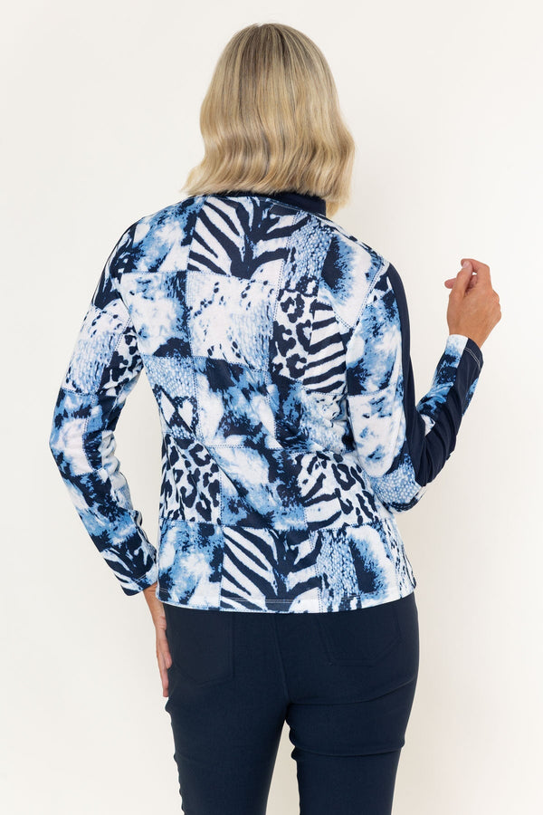Carraig Donn Navy Animal Print Turtle Neck Studs Detail Long Sleeve Top