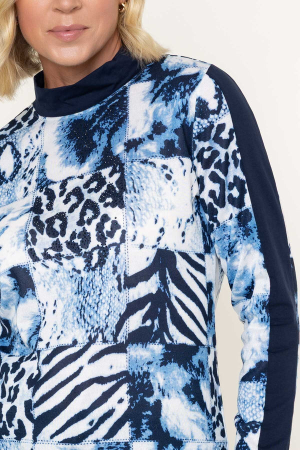 Carraig Donn Navy Animal Print Turtle Neck Studs Detail Long Sleeve Top