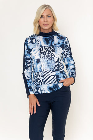 Carraig Donn Navy Animal Print Turtle Neck Studs Detail Long Sleeve Top
