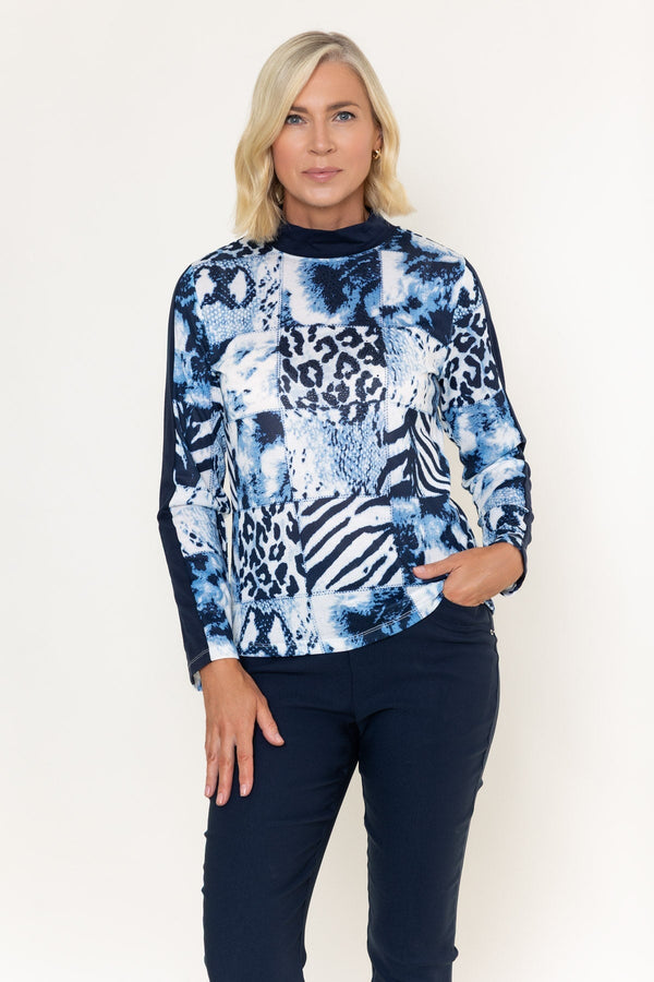Carraig Donn Navy Animal Print Turtle Neck Studs Detail Long Sleeve Top
