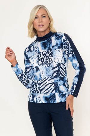 Carraig Donn Navy Animal Print Turtle Neck Studs Detail Long Sleeve Top