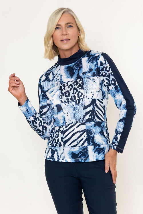 Navy Animal Print Turtle Neck Studs Detail Long Sleeve Top