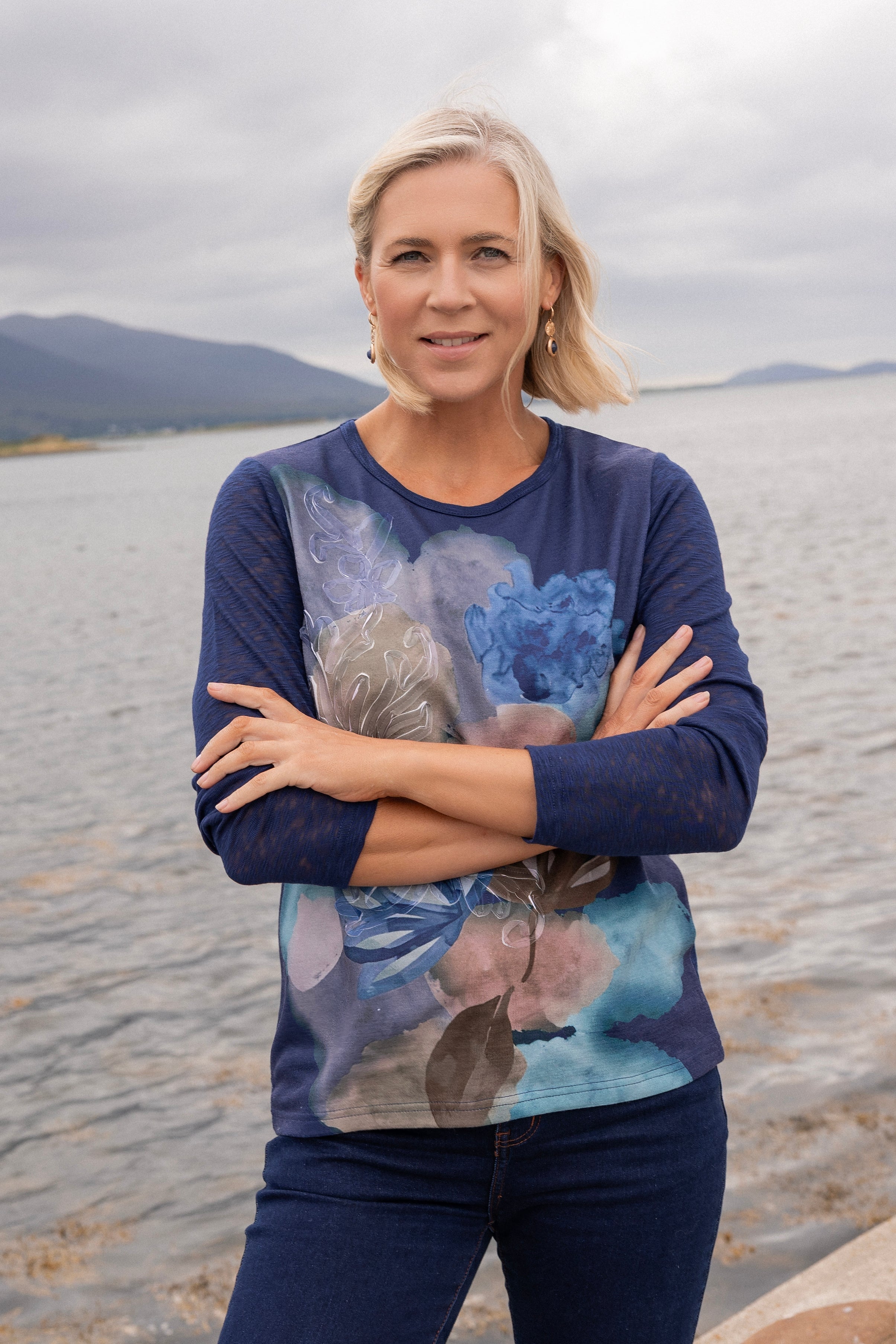 Navy Applique Printed Long Sleeve Top