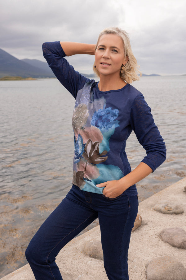 Carraig Donn Navy Applique Printed Long Sleeve Top