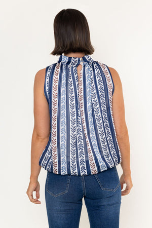 Carraig Donn Navy & Beige Print Chiffon Lurex Balloon Hem High Neck Sleeveless Top