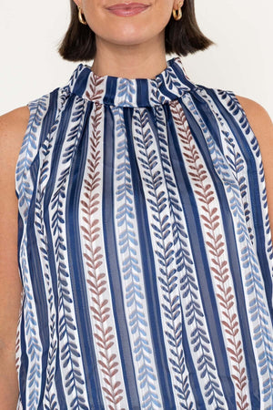 Carraig Donn Navy & Beige Print Chiffon Lurex Balloon Hem High Neck Sleeveless Top