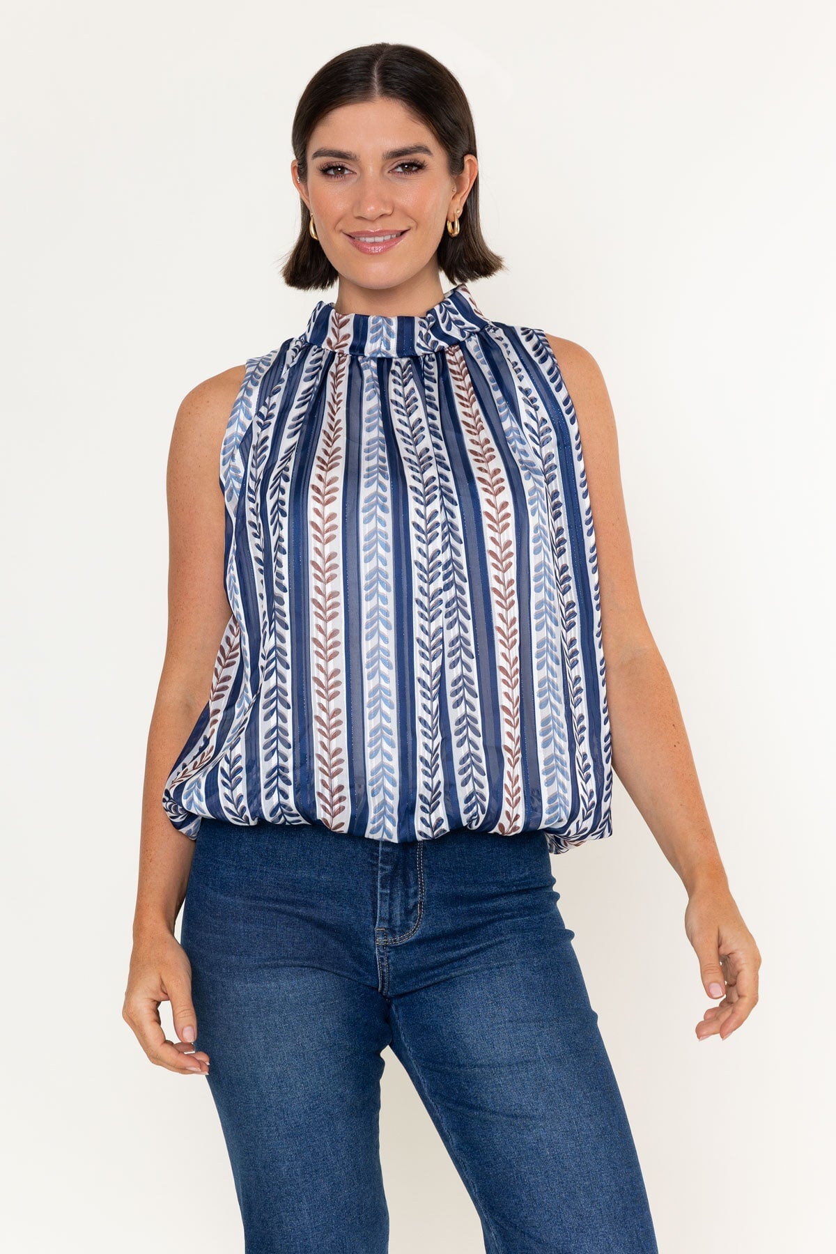 Navy & Beige Print Chiffon Lurex Balloon Hem Sleeveless Top