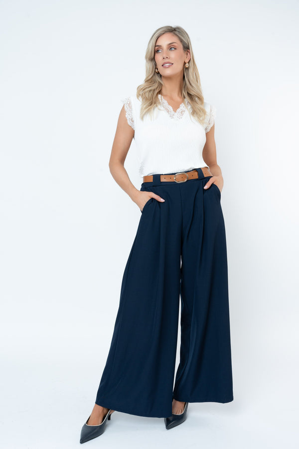 Carraig Donn Navy Belted Wide Leg Trousers