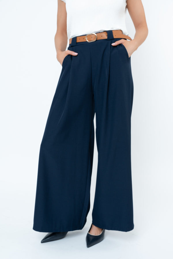 Carraig Donn Navy Belted Wide Leg Trousers