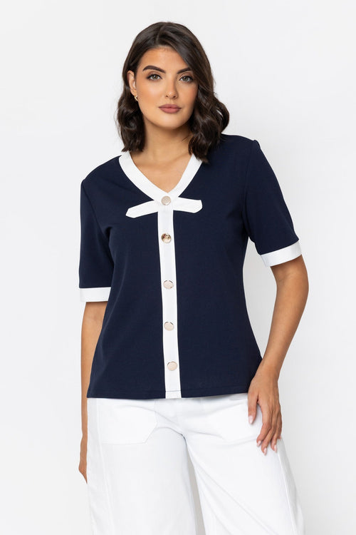 Navy Contrast Placket Top