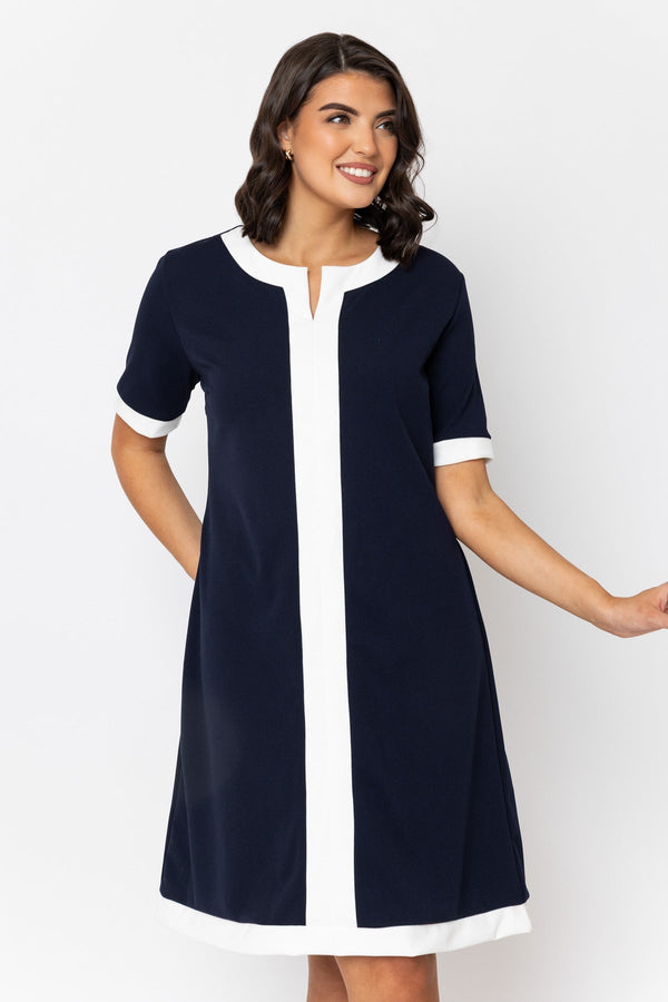 navy knee length dress Navy Contrast Trim Knee Length Dress | Ladies Fashion