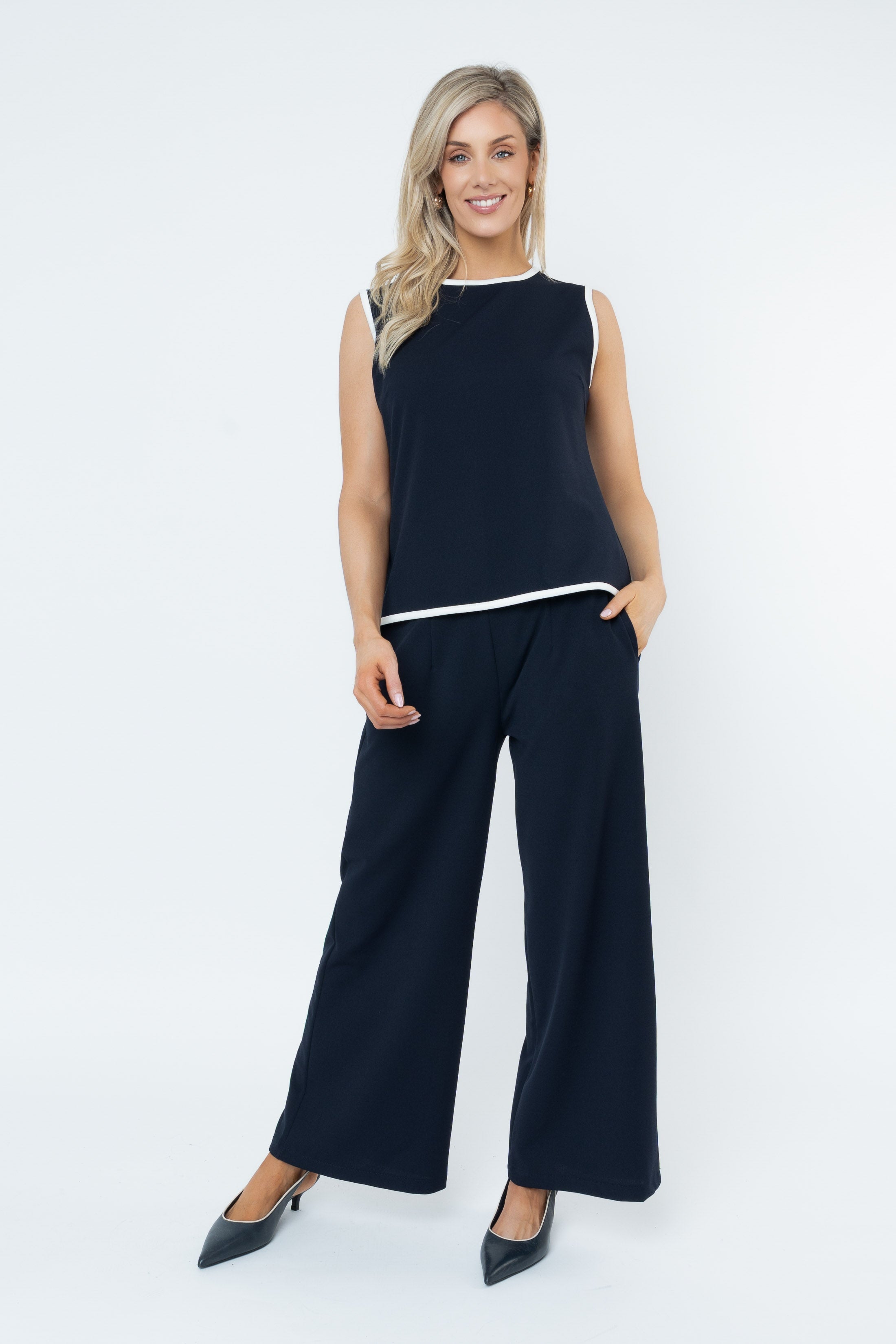 Navy Contrast Trim Wide Leg Trousers