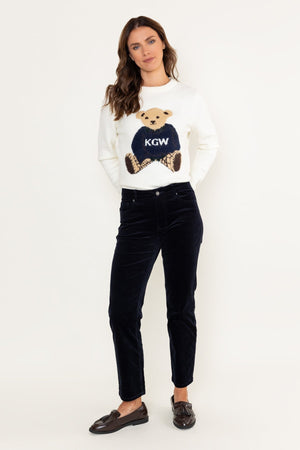 Carraig Donn Navy Corduroy Velvet Finish High Waist Straight Leg Trousers