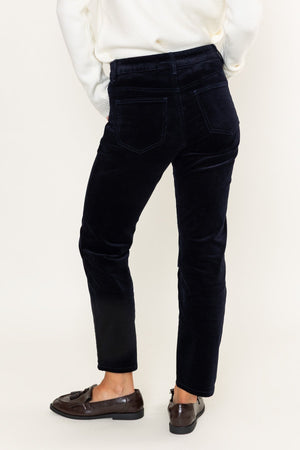 Carraig Donn Navy Corduroy Velvet Finish High Waist Straight Leg Trousers