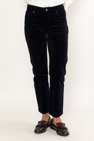 Carraig Donn Navy Corduroy Velvet Finish High Waist Straight Leg Trousers