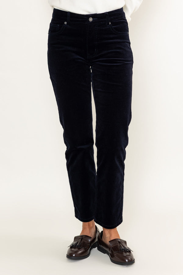 Carraig Donn Navy Corduroy Velvet Finish High Waist Straight Leg Trousers