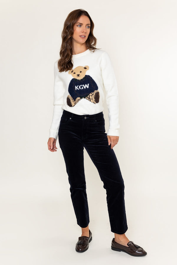 Carraig Donn Navy Corduroy Velvet Finish High Waist Straight Leg Trousers