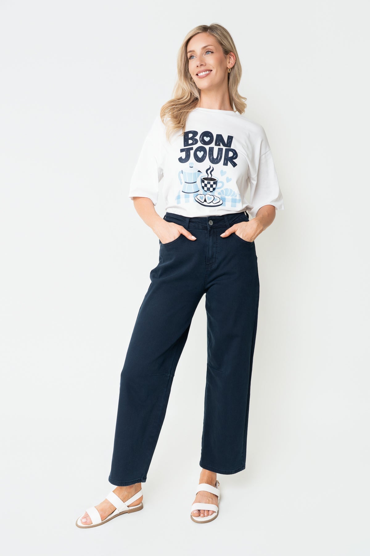 Navy Cotton Barrel Leg Jeans