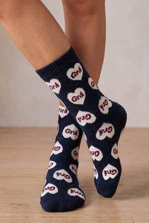 Carraig Donn Navy Cotton Blend Heart Print "Grá" Socks