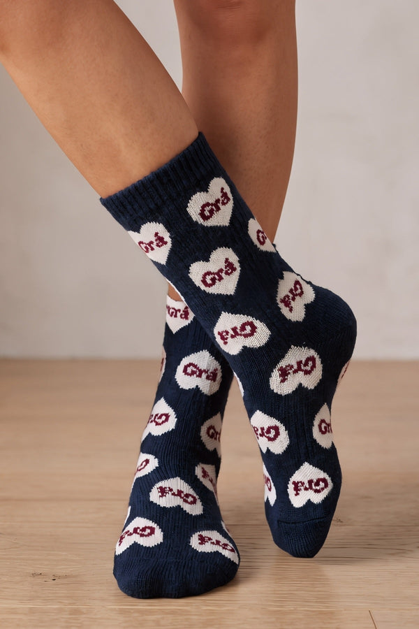Carraig Donn Navy Cotton Blend Heart Print "Grá" Socks