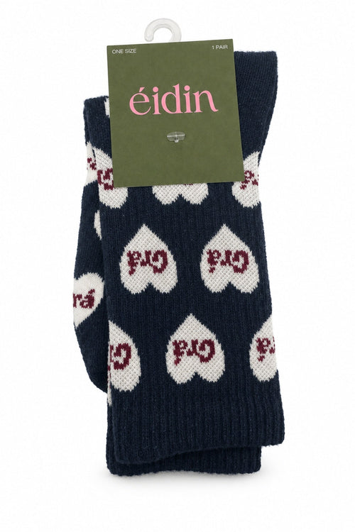 Navy Cotton Blend Heart Print "Grá" Socks