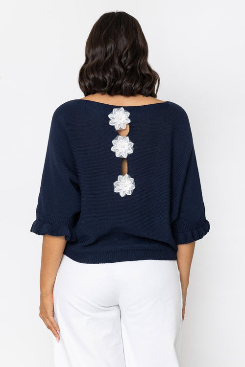 Carraig Donn Navy Cotton Flower Back Knit Jumper