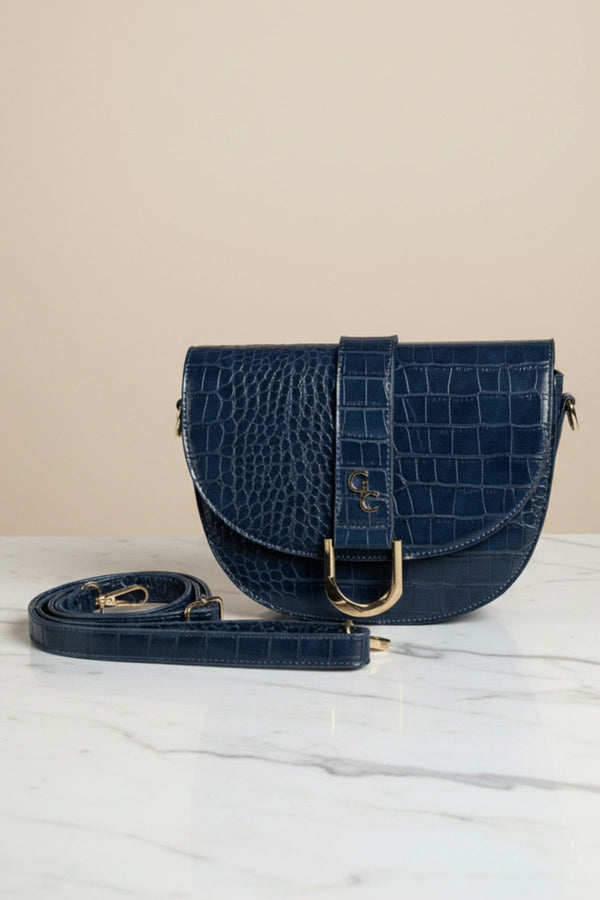 Carraig Donn Navy Faux Leather Croc Embossed Saddle Bag