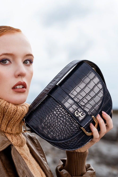 Navy Faux Leather Croc Embossed Saddle Bag
