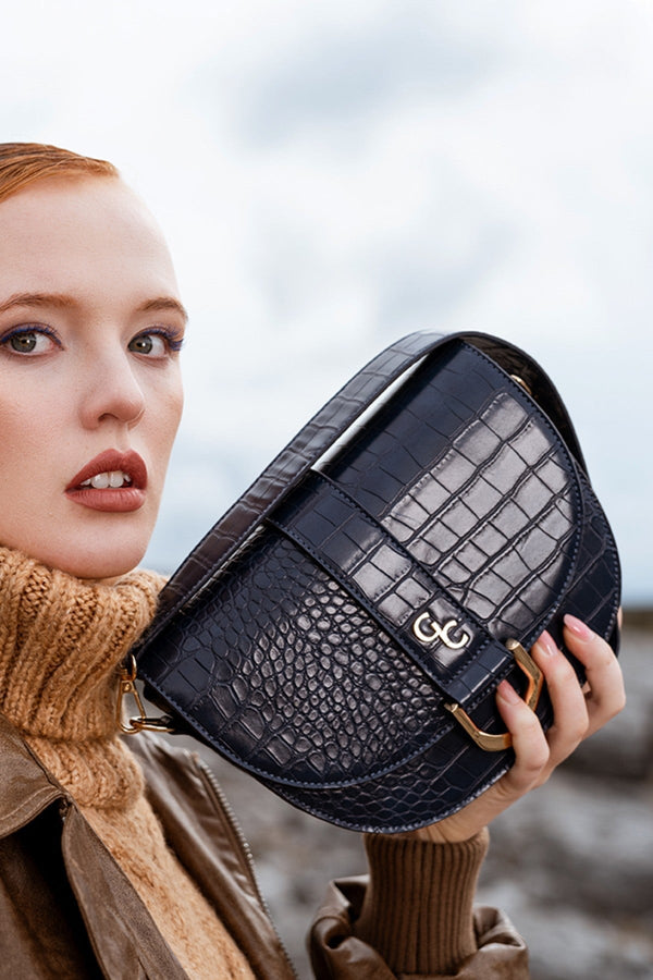Carraig Donn Navy Faux Leather Croc Embossed Saddle Bag