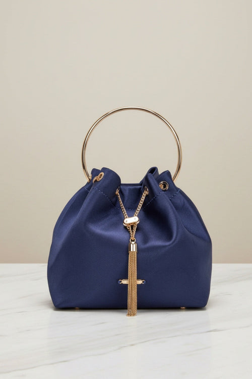 Navy Faux Leather Ring Handle Bucket Bag