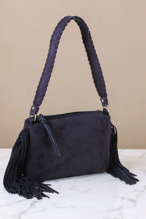 Carraig Donn Navy Faux Suede Fringe Shoulder Bag