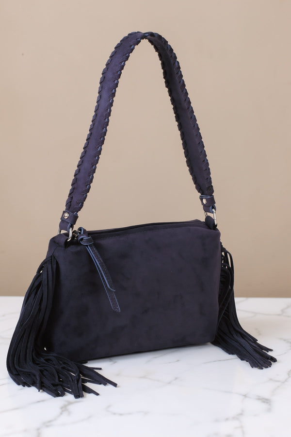 Carraig Donn Navy Faux Suede Fringe Shoulder Bag