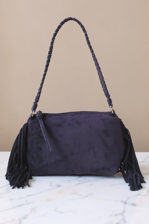 Navy Faux Suede Fringe Shoulder Bag