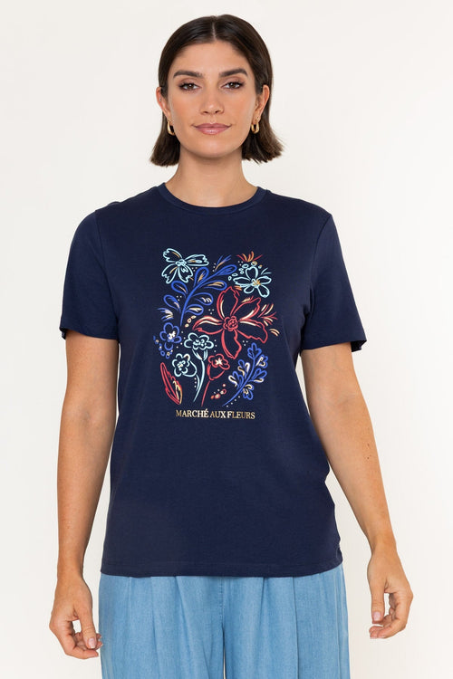 Navy Floral Print Cotton Round Neck Short Sleeve T-Shirt