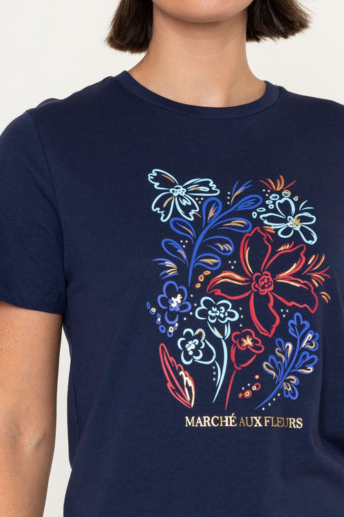 Carraig Donn Navy Floral Print Cotton Round Neck Short Sleeve T-Shirt