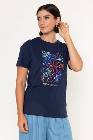 Carraig Donn Navy Floral Print Cotton Round Neck Short Sleeve T-Shirt